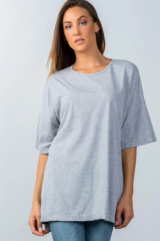 Heather Grey Dropped Shoulder Tunic Top / 3-3 - Tasha Apparel Wholesale