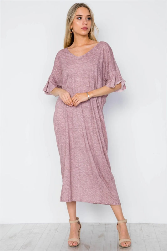 Mauve Twist Back Short Sleeve Maxi Boho Shirt Dress / 2-2-2 - Tasha Apparel Wholesale