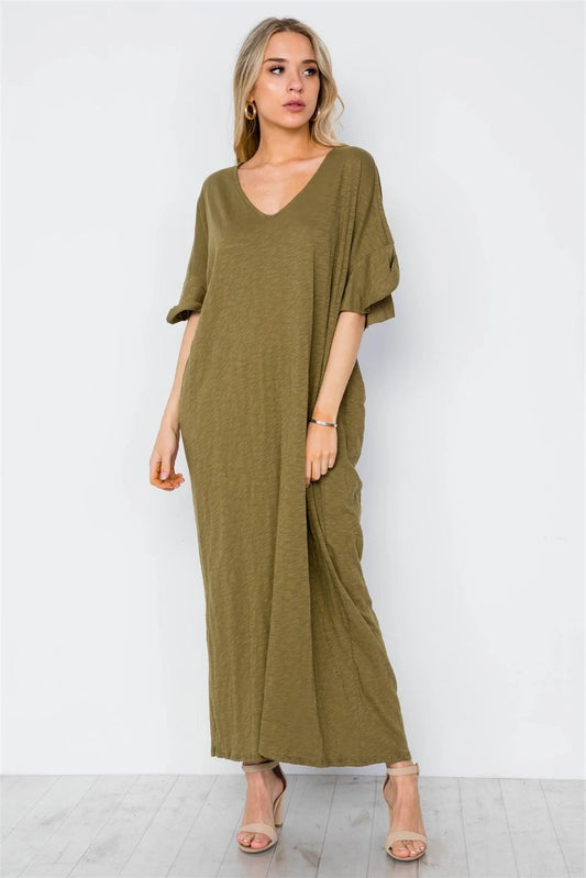 Olive Twist Back Short Sleeve Maxi Boho Shirt Dress /2-2-2 - Tasha Apparel Wholesale