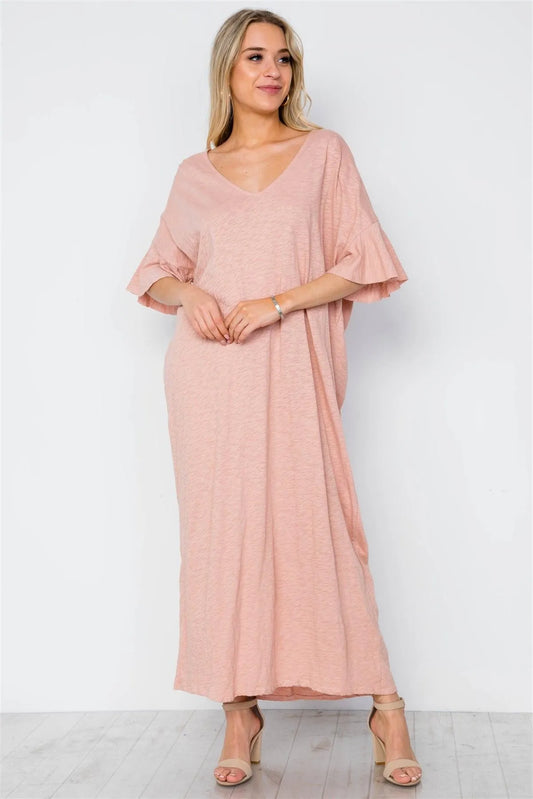 Peach Twist Back Short Sleeve Maxi Boho Shirt Dress / 2-2-2 - Tasha Apparel Wholesale
