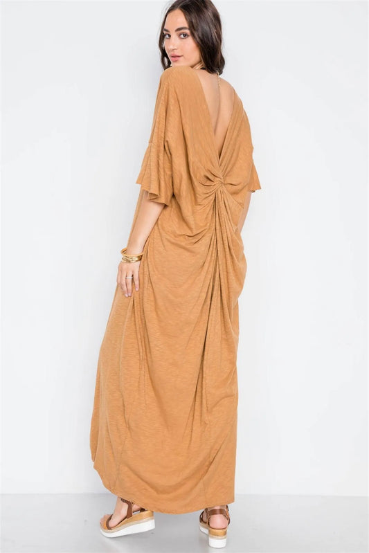 Camel Twist Back Short Sleeve Maxi Boho Shirt Dress - Tasha Apparel Wholesale