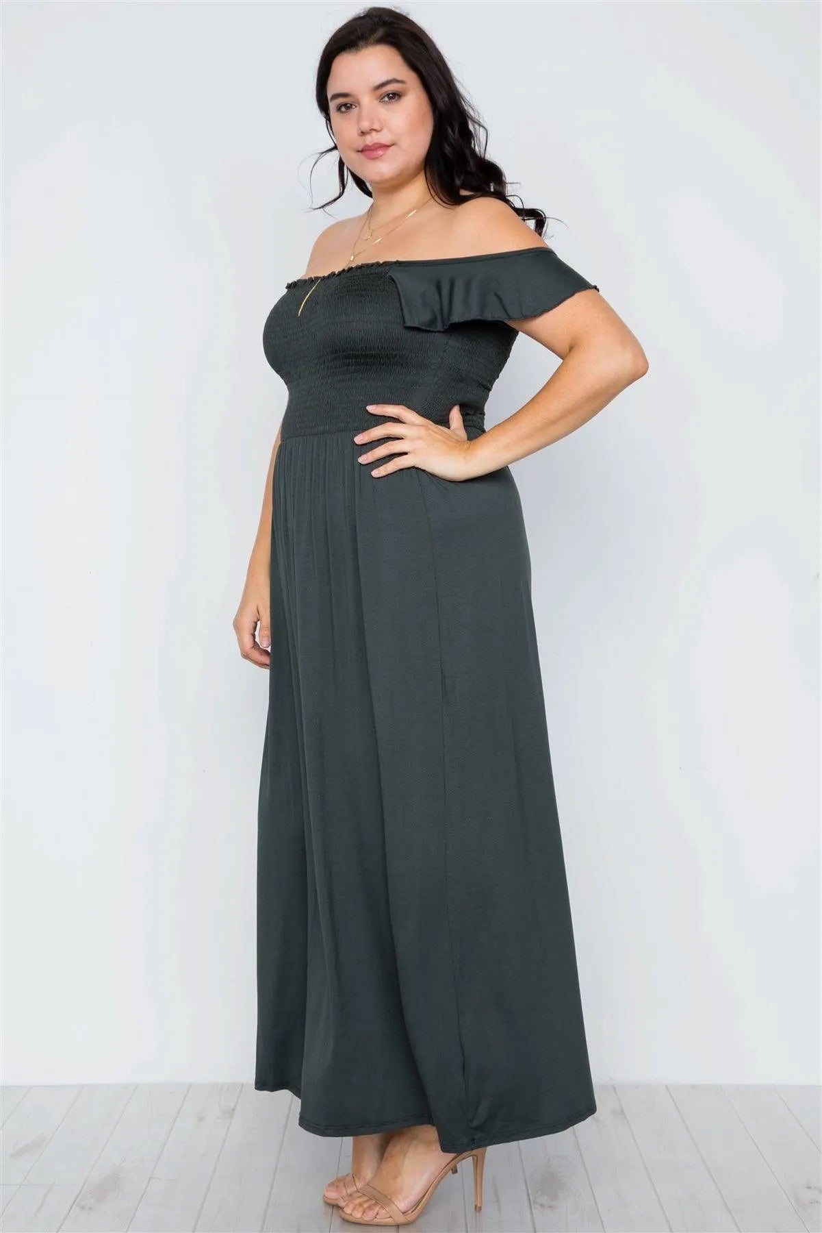 Junior Plus Size Hunter Green Smoked Solid Maxi Dress / 2-2-2 - Tasha Apparel Wholesale