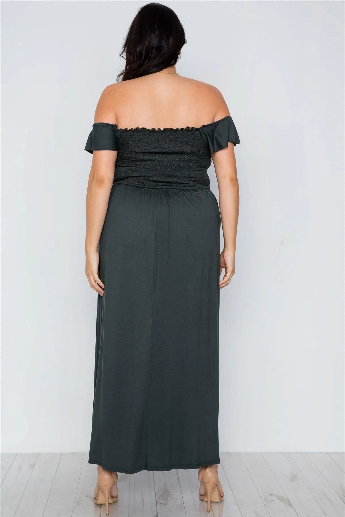Junior Plus Size Hunter Green Smoked Solid Maxi Dress / 2-2-2 - Tasha Apparel Wholesale