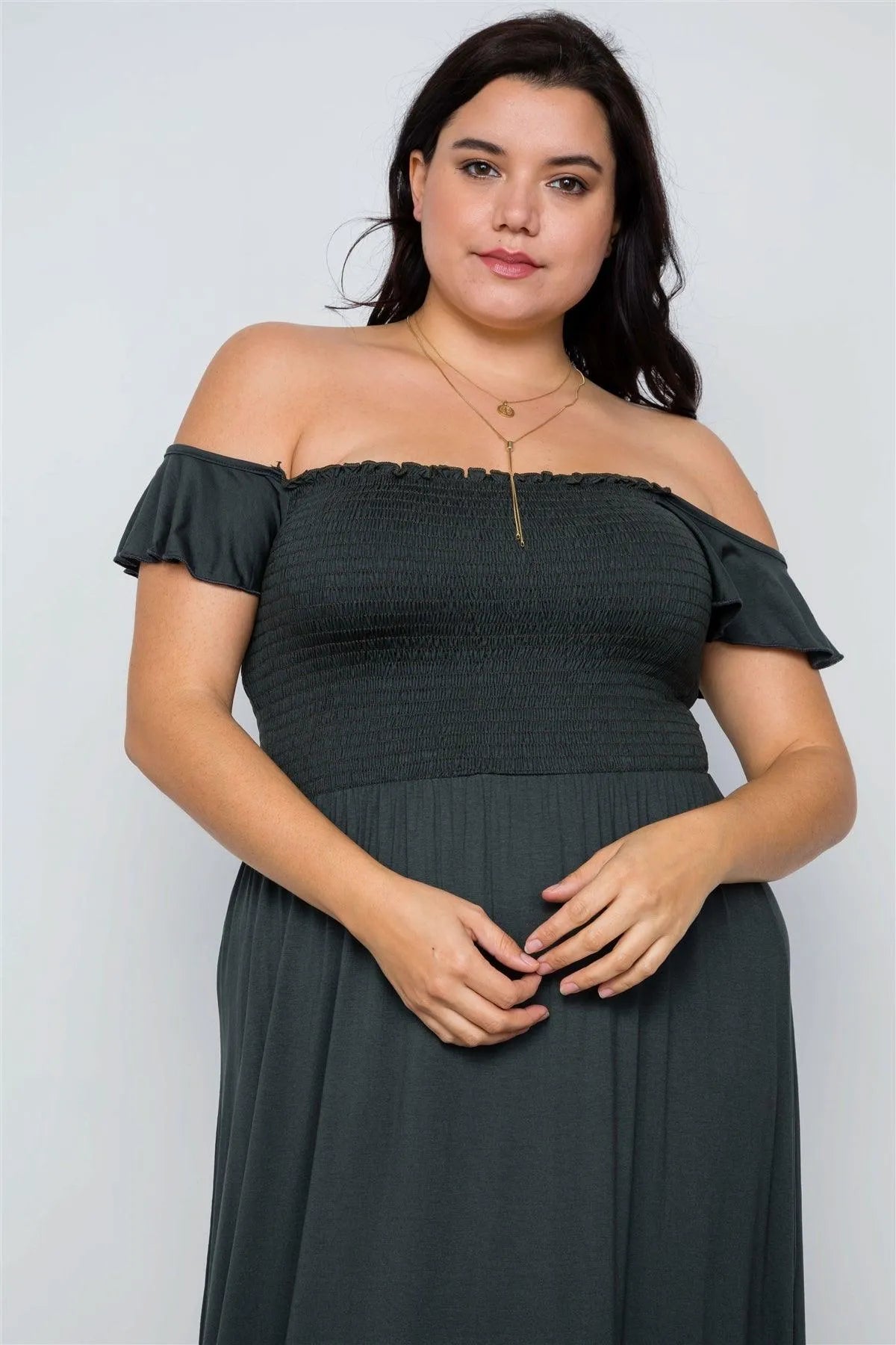 Junior Plus Size Hunter Green Smoked Solid Maxi Dress / 2-2-2 - Tasha Apparel Wholesale