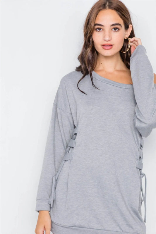 Grey Relaxed Fit Lace-Up Sides Mini Sweater Dress /2-2-2 - Tasha Apparel Wholesale