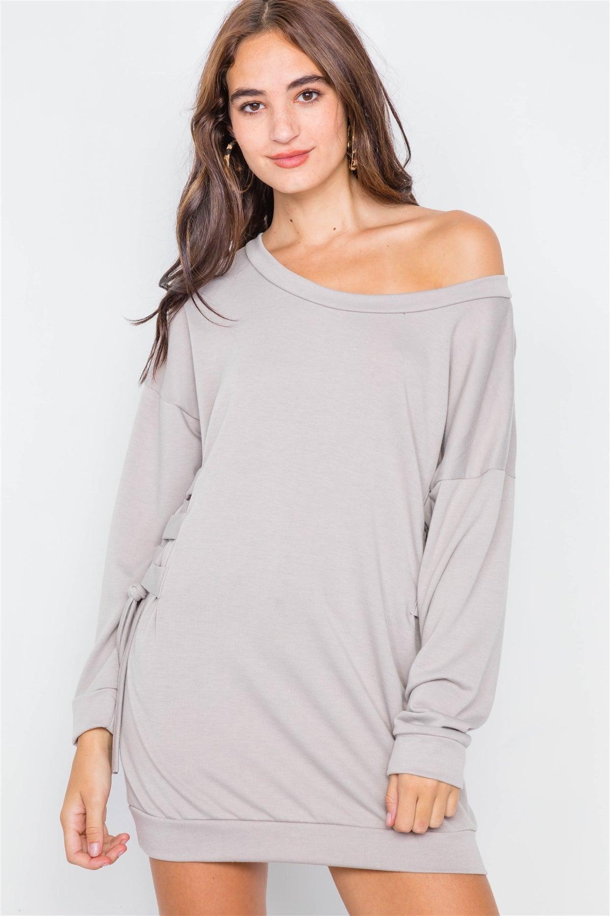 Taupe Relaxed Fit Lace-Up Sides Mini Sweater Dress /2-2-2