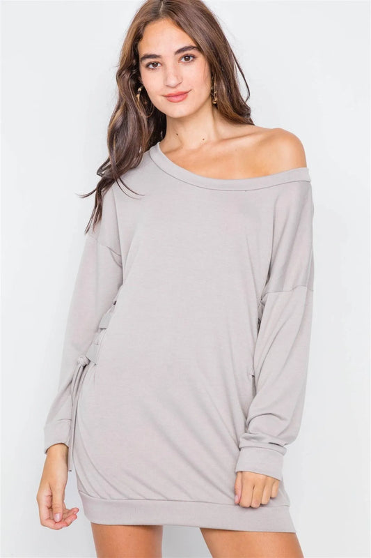 Taupe Relaxed Fit Lace-Up Sides Mini Sweater Dress /2-2-2 - Tasha Apparel Wholesale