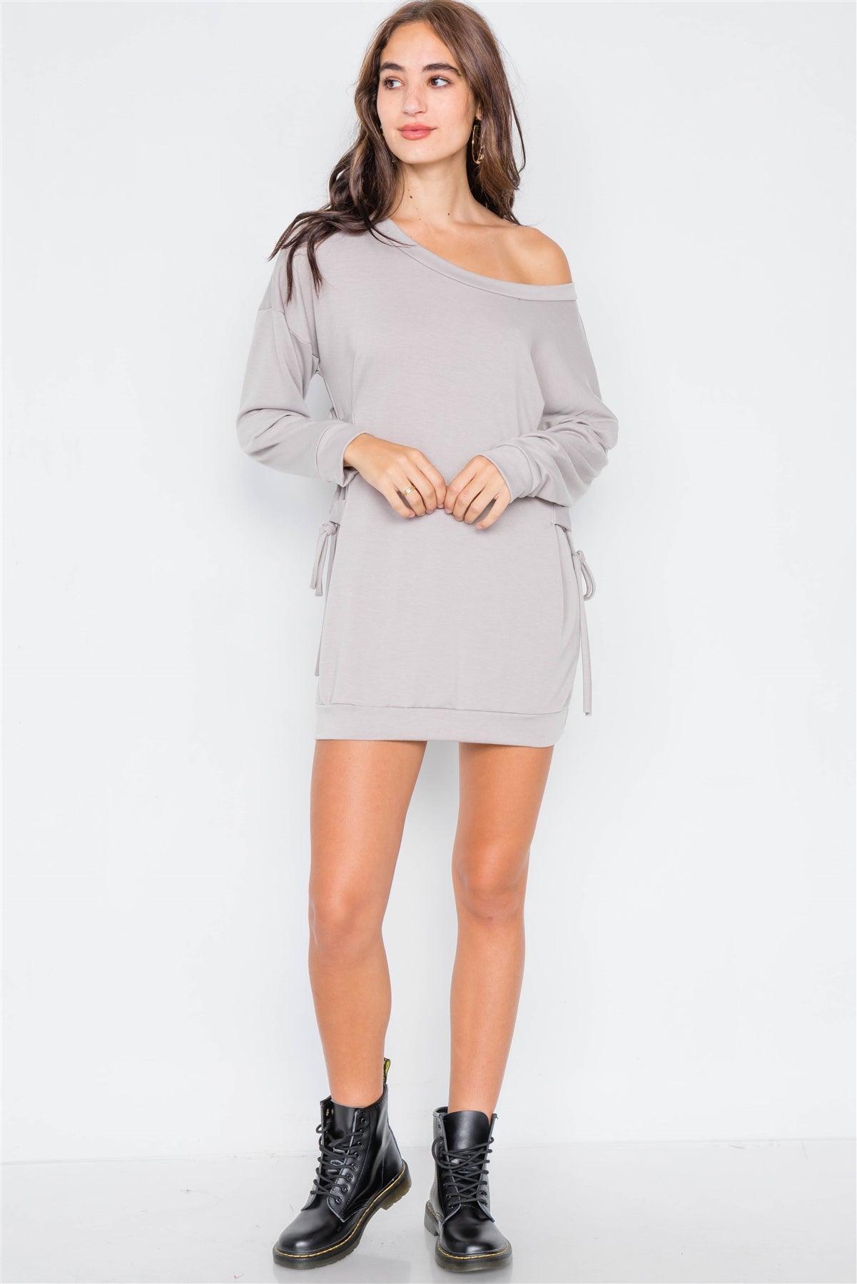 Taupe Relaxed Fit Lace-Up Sides Mini Sweater Dress /2-2-2