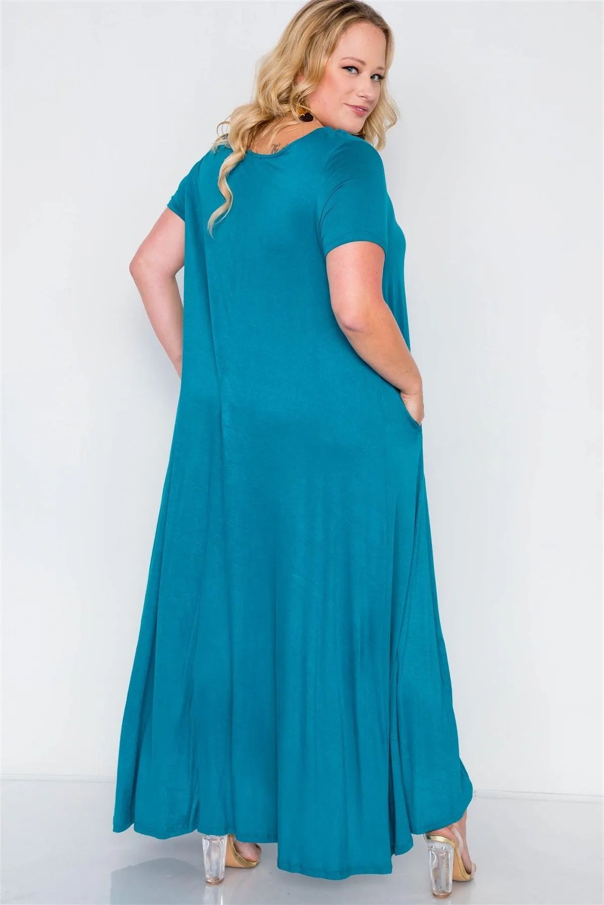 Plus Size Teal Basic Short Sleeve Maxi Dress - Tasha Apparel Wholesale