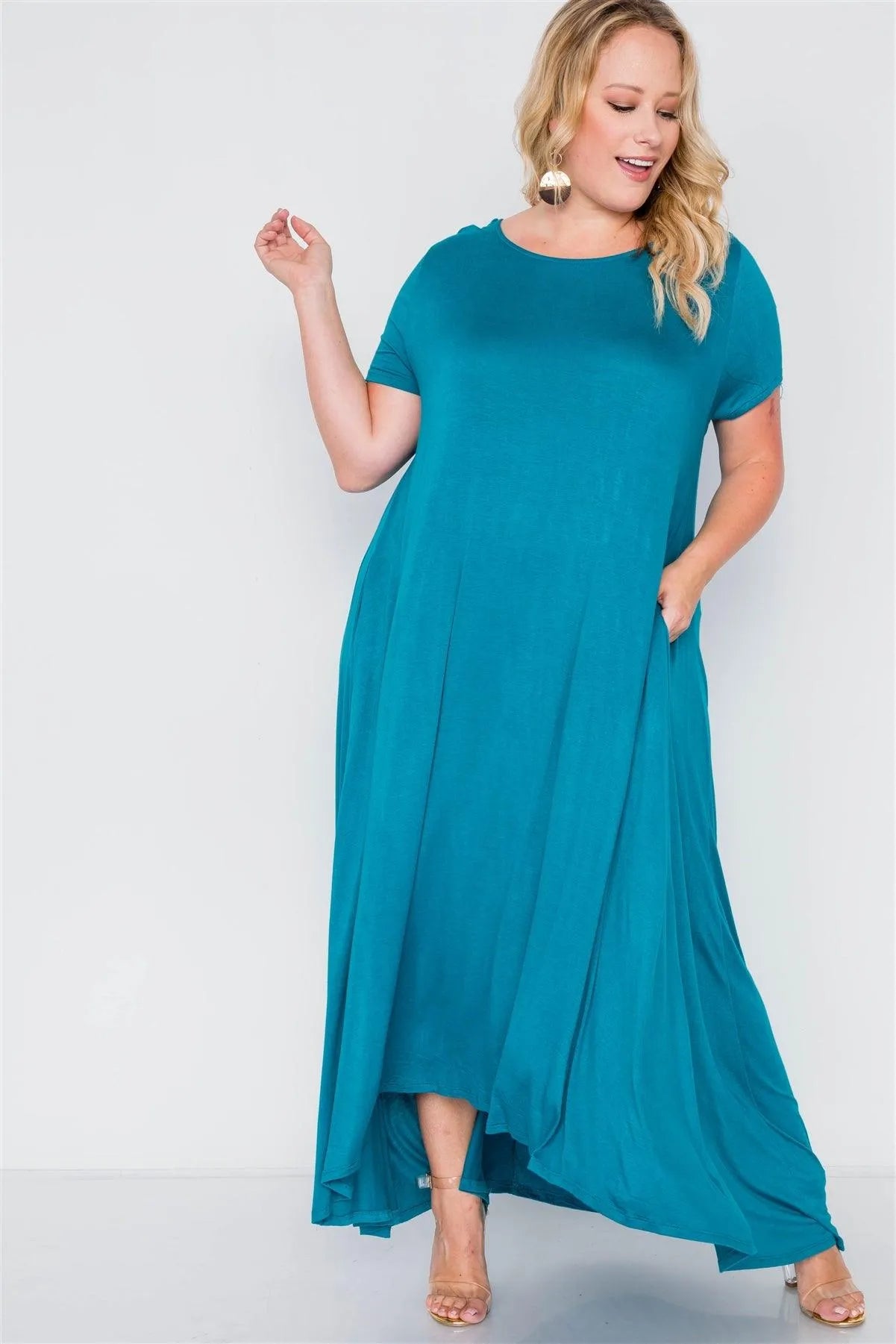 Plus Size Teal Basic Short Sleeve Maxi Dress - Tasha Apparel Wholesale