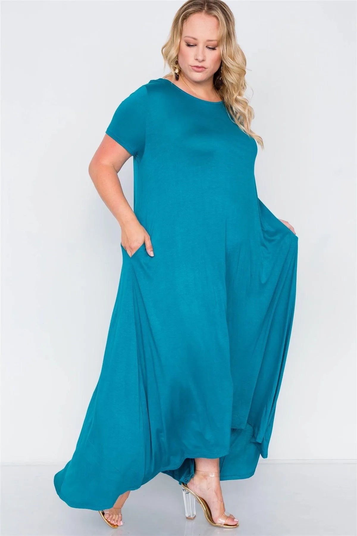 Plus Size Teal Basic Short Sleeve Maxi Dress - Tasha Apparel Wholesale