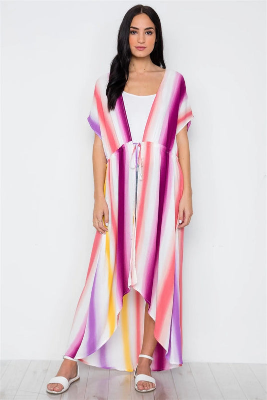 Multi Purple Kimono High Low Cover Up /2-2-2 - Tasha Apparel Wholesale