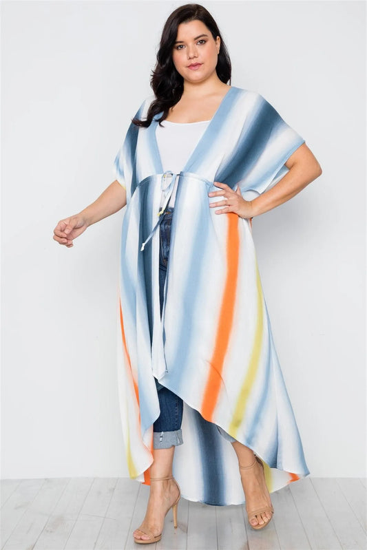 Plus Size Multi Blue Kimono Cover Up /2-2-2 - Tasha Apparel Wholesale