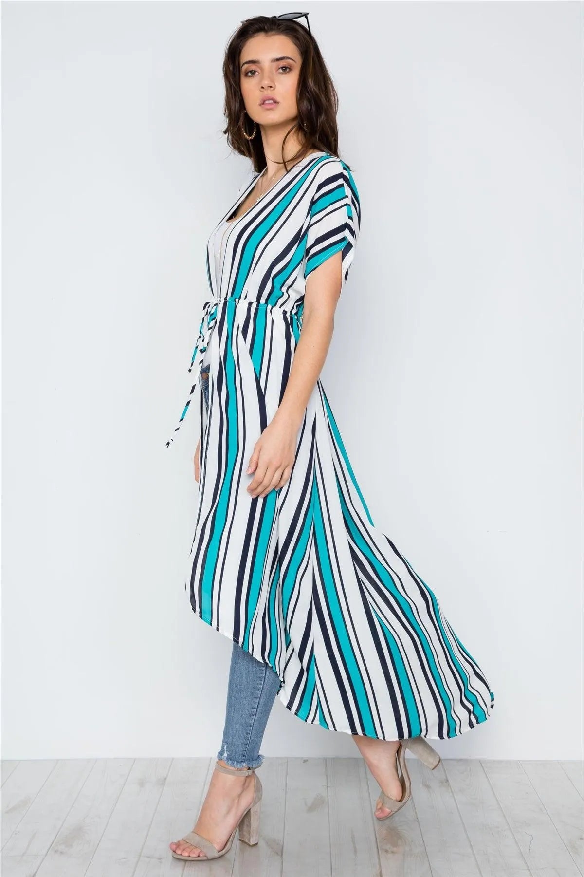 Turquoise White Stripe High Low Kimono Cover Up / 2-2 - Tasha Apparel Wholesale