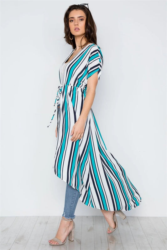 Turquoise White Stripe High Low Kimono Cover Up / 2-2 - Tasha Apparel Wholesale