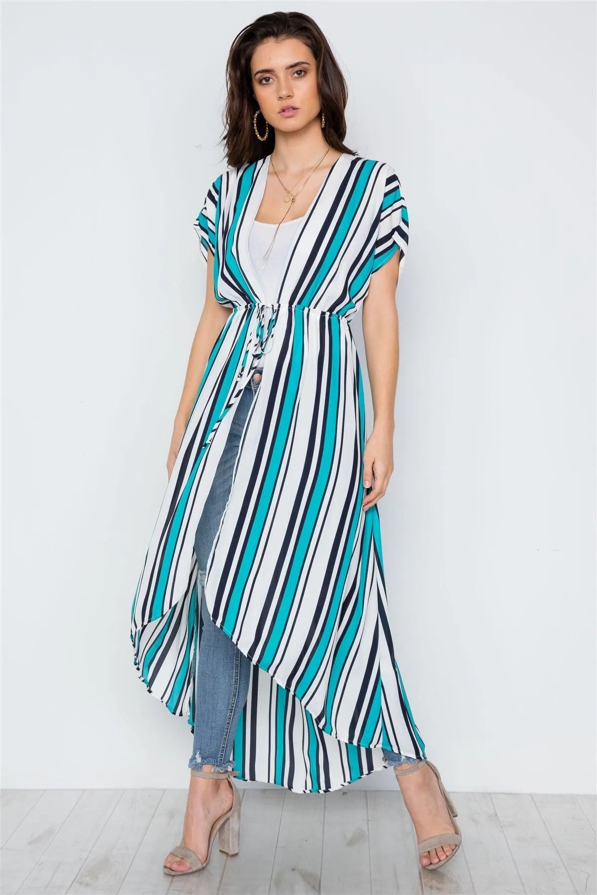 Turquoise White Stripe High Low Kimono Cover Up / 2-2 - Tasha Apparel Wholesale