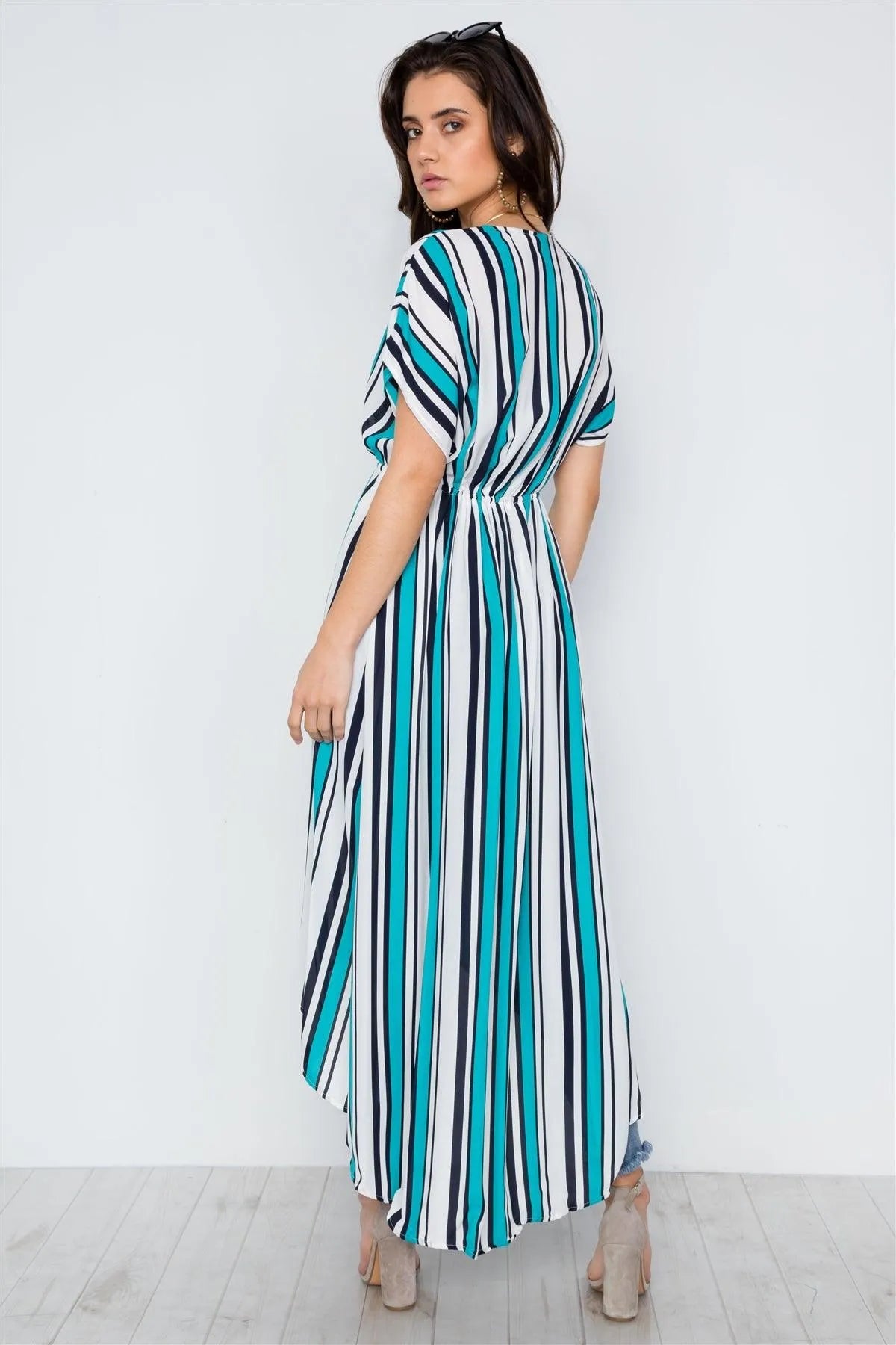 Turquoise White Stripe High Low Kimono Cover Up / 2-2 - Tasha Apparel Wholesale