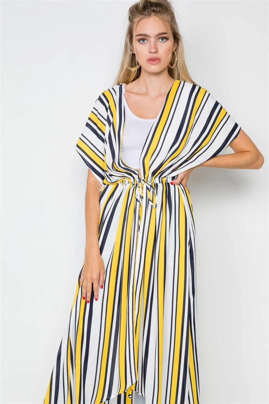 Yellow Multi Stripe Kimono Cover Up - Tasha Apparel Wholesale