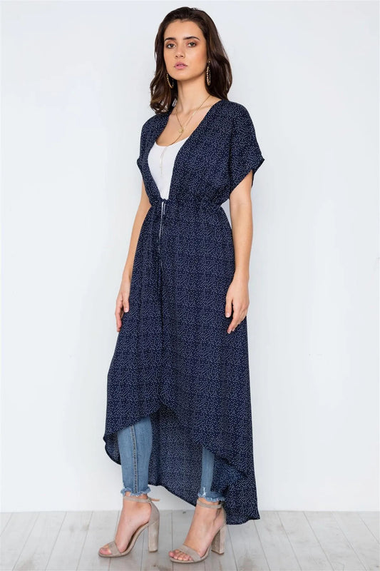 Navy Polka Dot High Low Kimono Cover Up / 2-2 - Tasha Apparel Wholesale