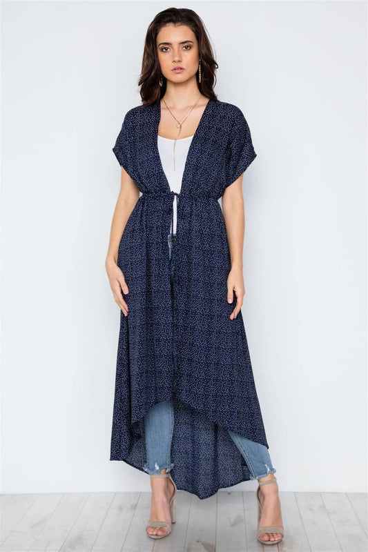 Navy Polka Dot High Low Kimono Cover Up / 2-2-2 - Tasha Apparel Wholesale