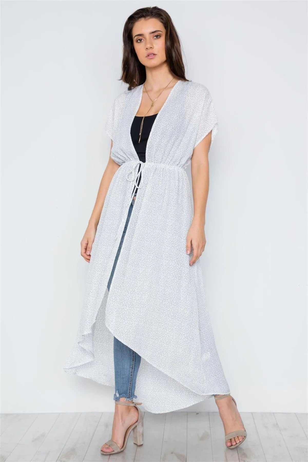 White Polka Dot High Low Kimono Cover Up /1-2-2 - Tasha Apparel Wholesale
