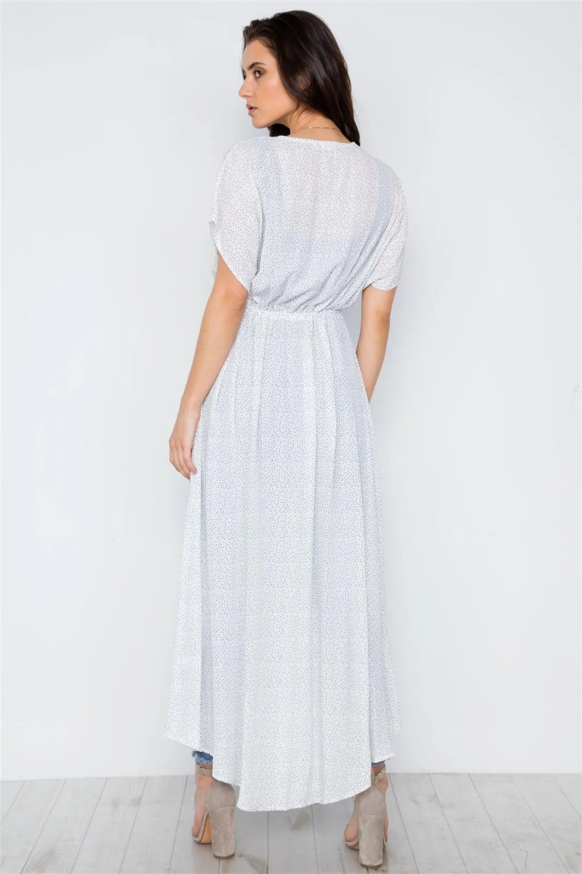 White Polka Dot High Low Kimono Cover Up /1-2-2 - Tasha Apparel Wholesale