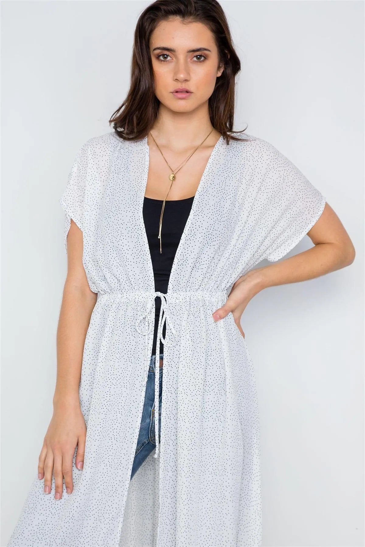 White Polka Dot High Low Kimono Cover Up /1-2-2 - Tasha Apparel Wholesale