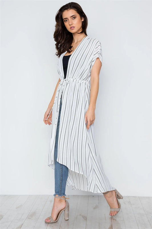 White Stripe High Low Cover Up Kimono - Tasha Apparel Wholesale