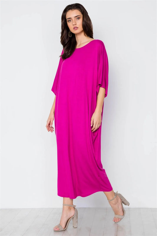 Magenta Basic Loose Fit Maxi Shirt Dress / 2-2-2 - Tasha Apparel Wholesale