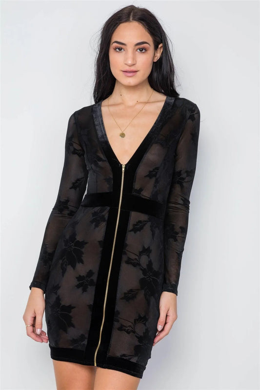 Sexy Mesh Black Long Sleeve Zip Up Sheer Mini Dress /3-2-1 - Tasha Apparel Wholesale