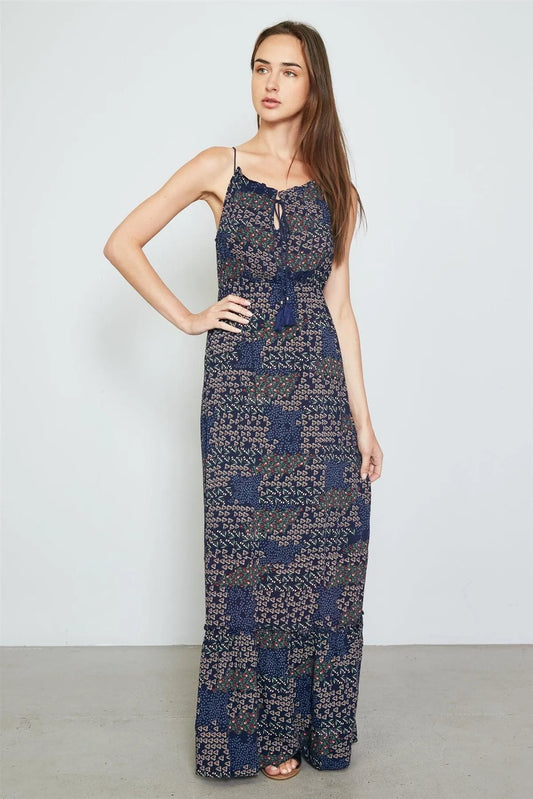 Navy Floral Mix Print Tassel Tie Maxi Dress /2-2-2 - Tasha Apparel Wholesale