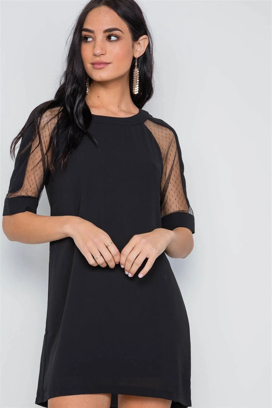 Black Sheer Dotted Sleeves Mini Shirt Dress /4-2 - Tasha Apparel Wholesale