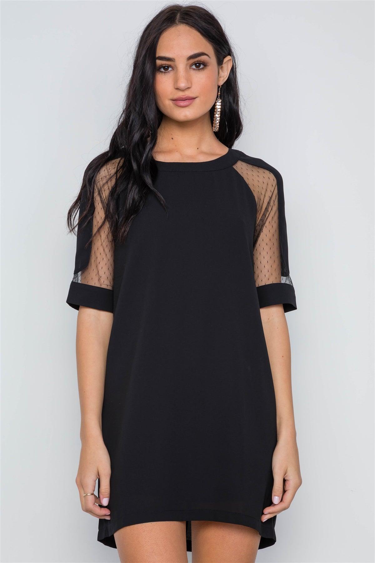 Black Sheer Dotted Sleeves Mini Shirt Dress /4-2