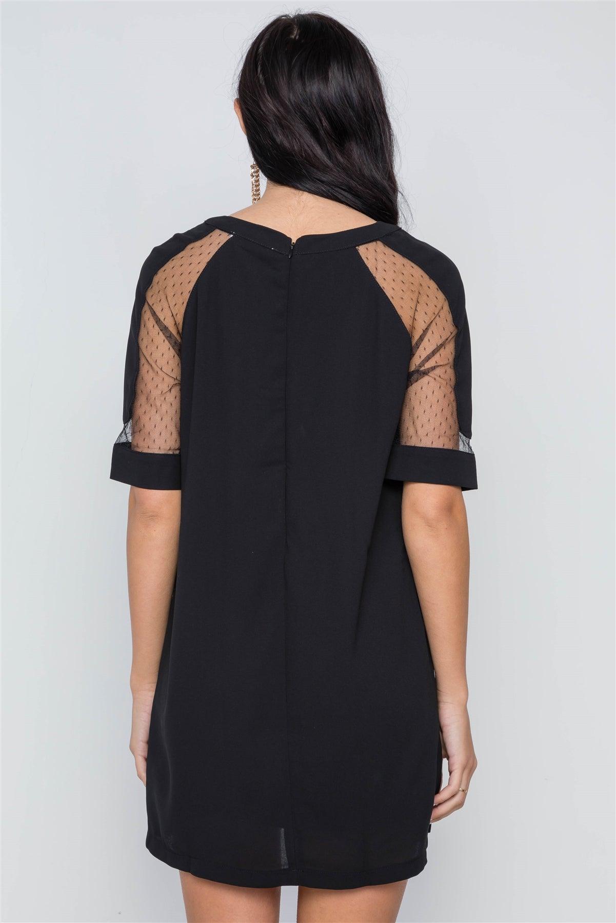 Black Sheer Dotted Sleeves Mini Shirt Dress /4-2
