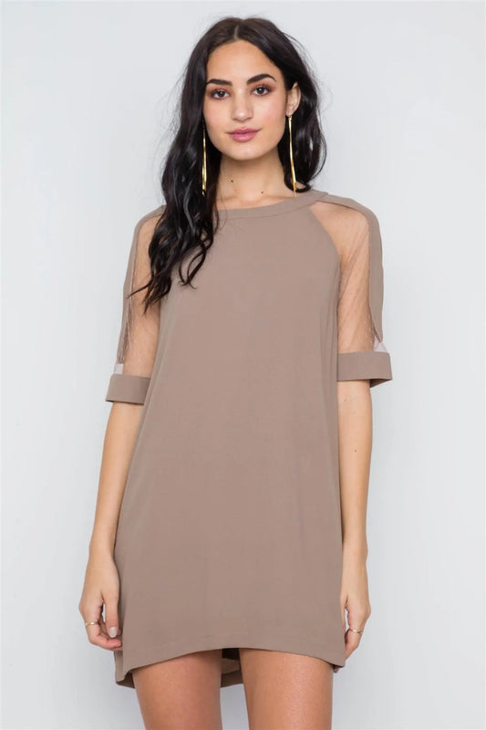 Taupe Sheer Dotted Sleeves Mini Shirt Dress /3-2-1 - Tasha Apparel Wholesale