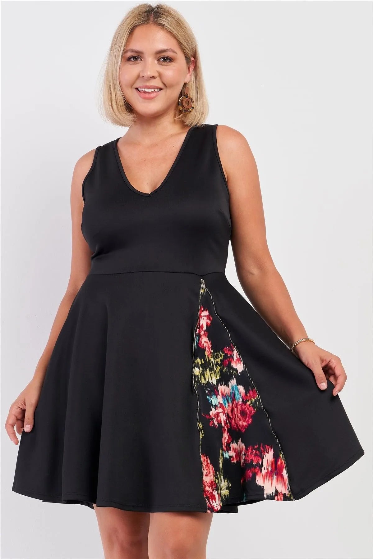 Junior Plus Size Black V-Neck Side Floral Zipper Detail Flare Mini Dress /1-2-2-1 - Tasha Apparel Wholesale