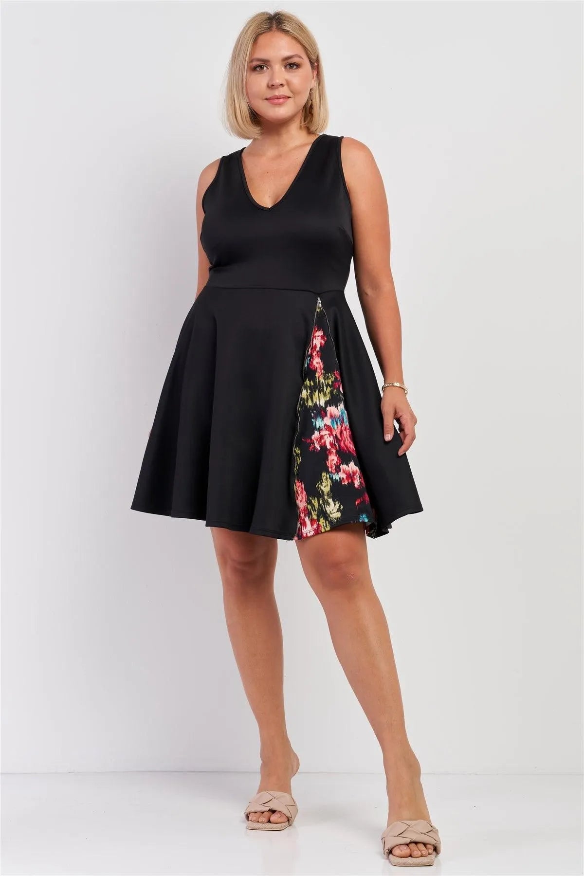 Junior Plus Size Black V-Neck Side Floral Zipper Detail Flare Mini Dress /1-2-2-1 - Tasha Apparel Wholesale