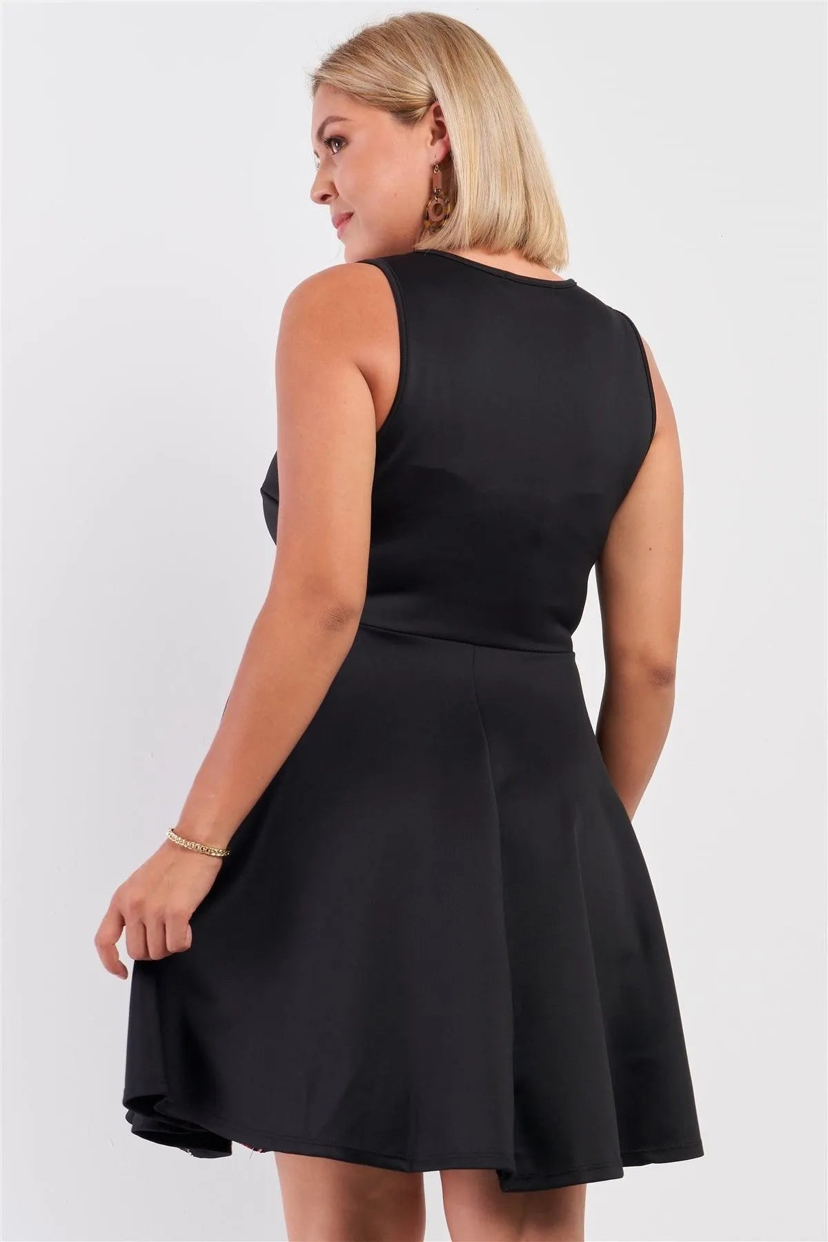 Junior Plus Size Black V-Neck Side Floral Zipper Detail Flare Mini Dress /1-2-2-1 - Tasha Apparel Wholesale