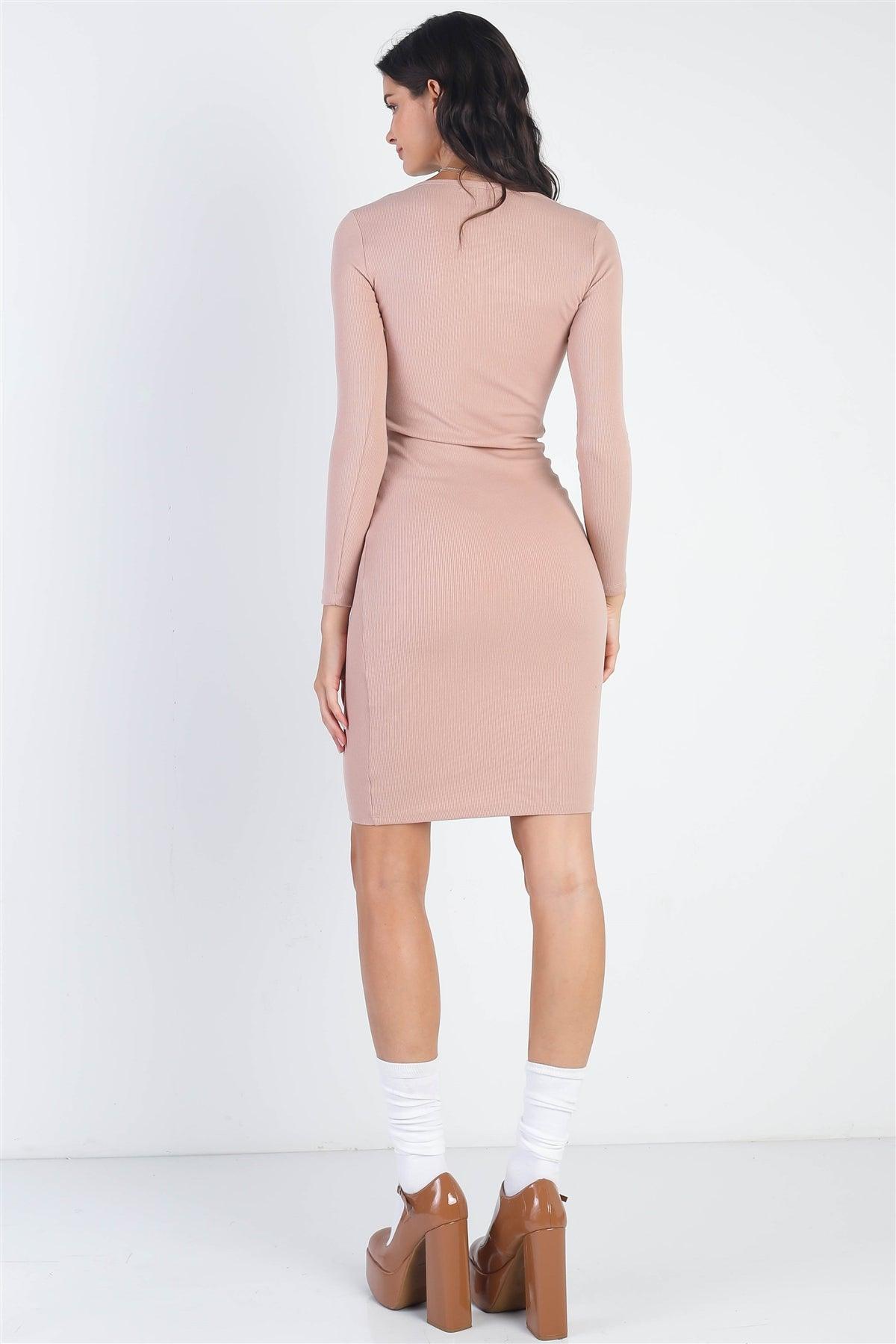 Pale Pink Ribbed Crew Neck Long Sleeve Mini Dress /2-2-2