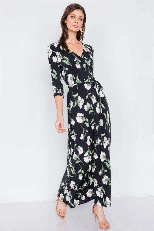 Black Floral Print Waist Tie 3/4 Sleeve Maxi Dress /2-2-2 - Tasha Apparel Wholesale