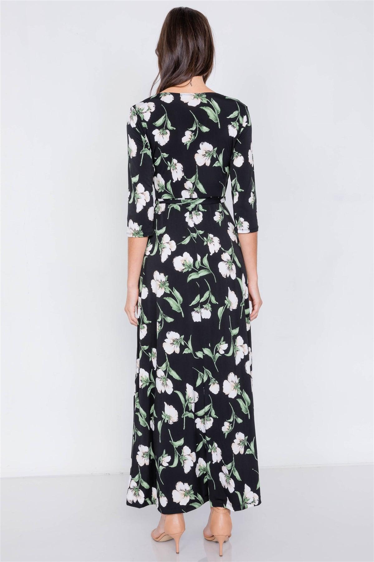 Black Floral Print Waist Tie 3/4 Sleeve Maxi Dress /2-2-2