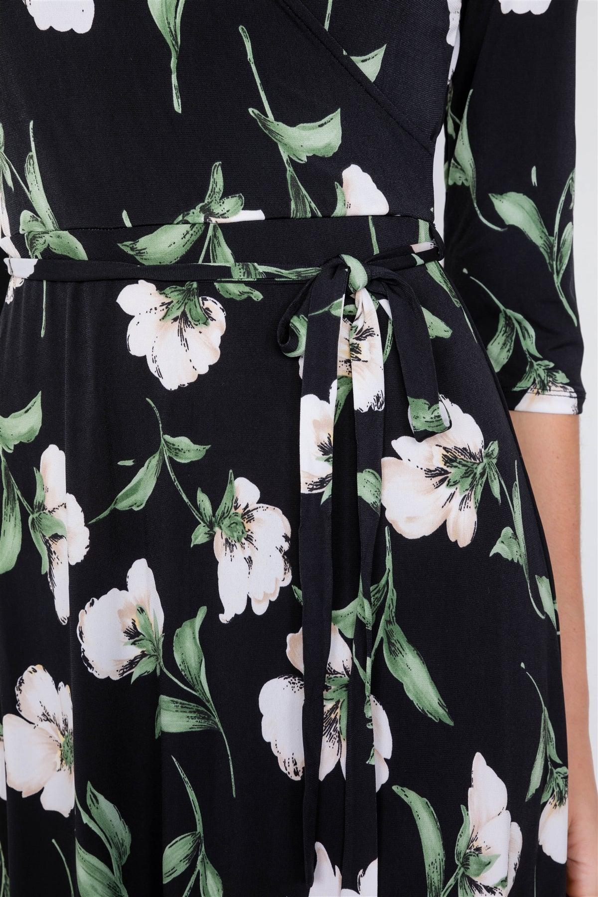 Black Floral Print Waist Tie 3/4 Sleeve Maxi Dress /2-2-2