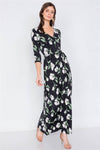 Black Floral Print Waist Tie 3/4 Sleeve Maxi Dress