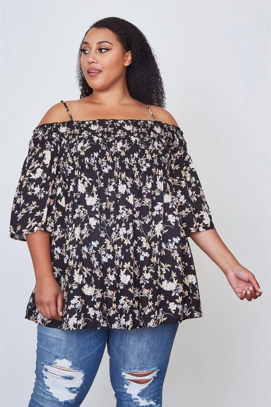Plus Size Black Floral Print Shirred Bust Cold Shoulder Top / 2-2-2 - Tasha Apparel Wholesale