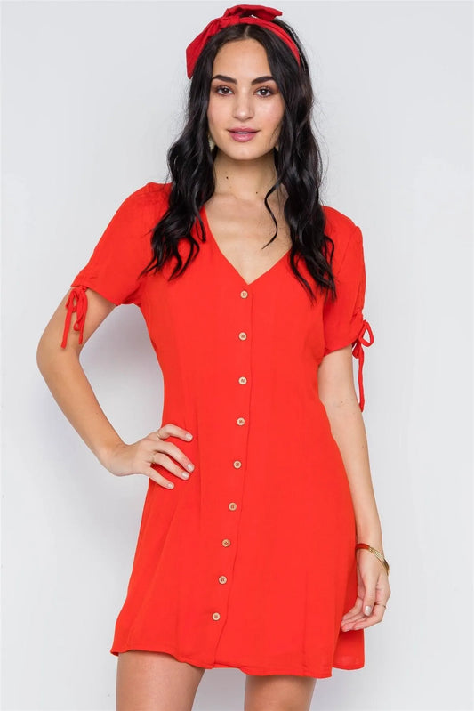 Neon Red Button Down Short Sleeve Mini Dress /3-2-1 - Tasha Apparel Wholesale