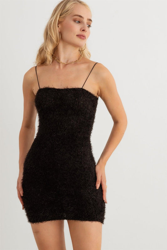 Black Fuzzy Knit Strappy Mini Dress /2-2-2