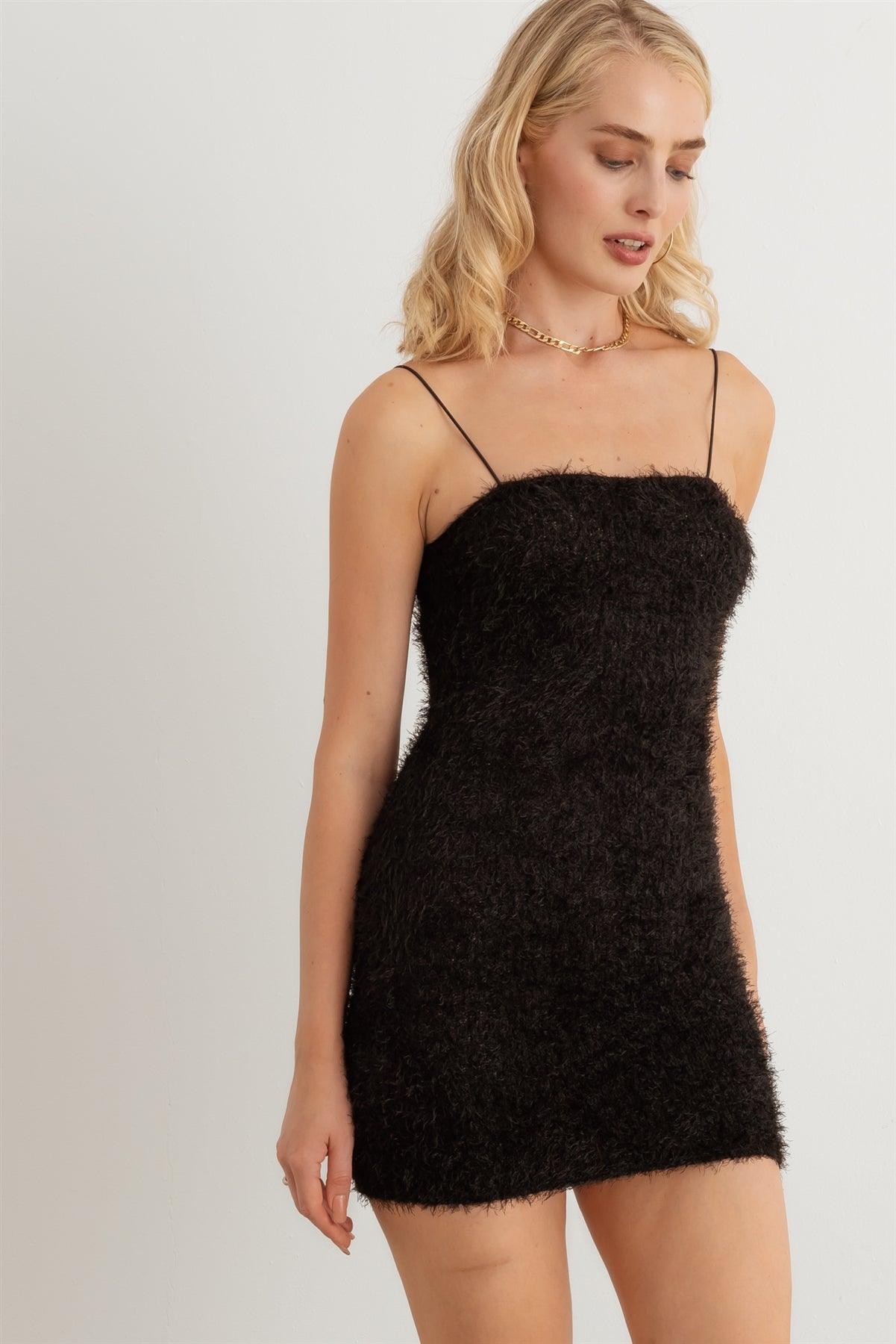 Black Fuzzy Knit Strappy Mini Dress /2-2-2