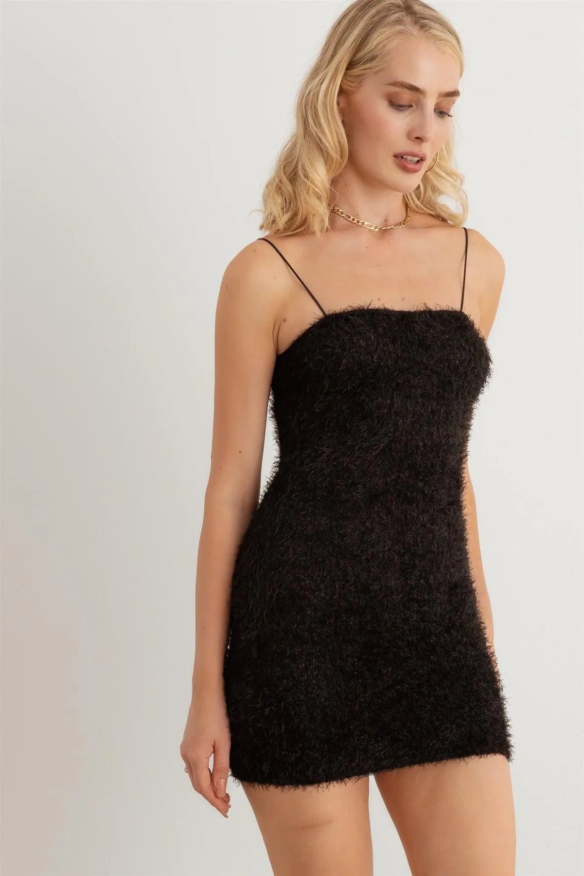 Black Fuzzy Knit Strappy Mini Dress /2-2-2 Black Fuzzy Knit Strappy Mini Dress /2-2-2