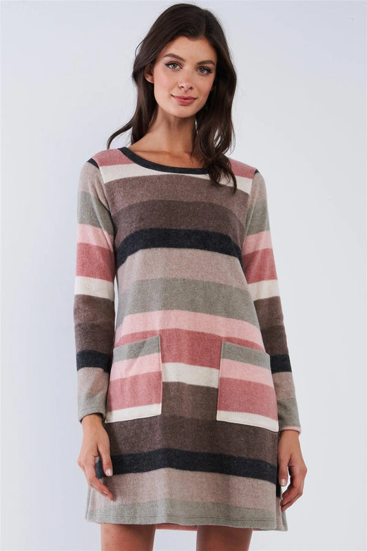 Brown Multicolor Soft Striped Loose Fit Long Sleeve Sweater Type Mini Dress With Front Pockets /2-2-2 - Tasha Apparel Wholesale