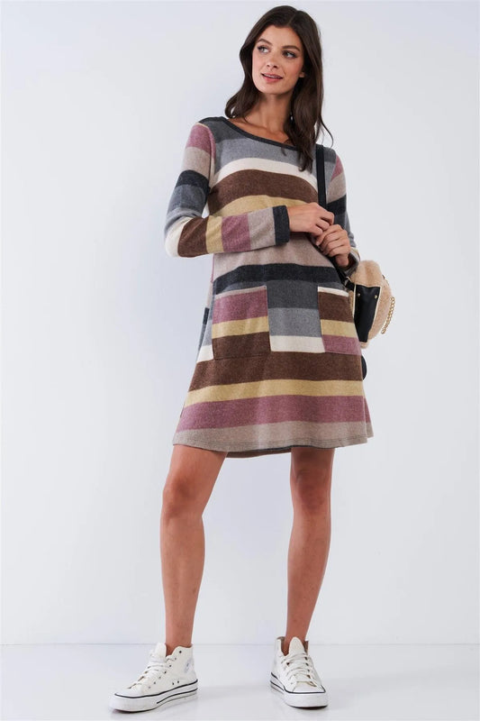 Mauve Multicolor Soft Striped Loose Fit Long Sleeve Sweater Type Mini Dress With Front Pockets /2-2-2 - Tasha Apparel Wholesale